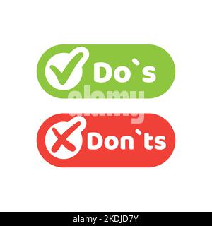 Do`s and Don`ts colorful vector button set. Check and cross green and red icon set. Stock Vector